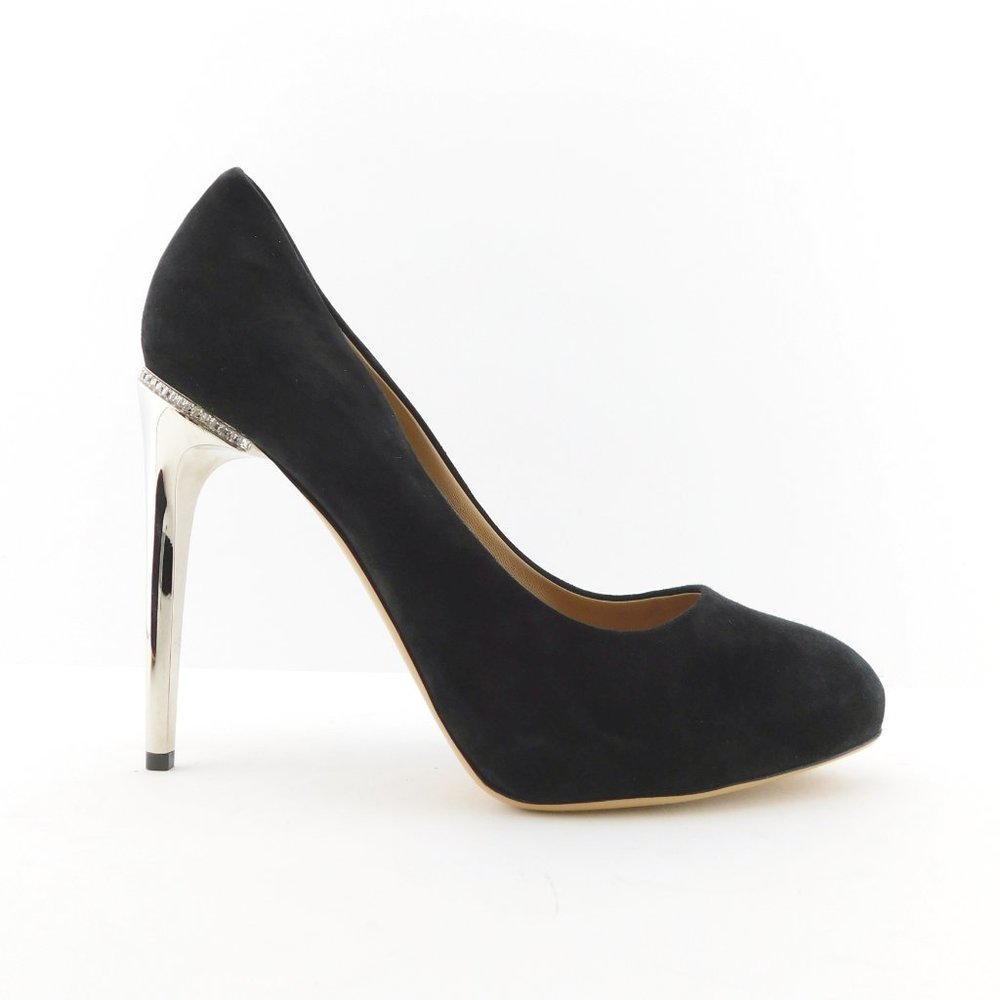 New FERRAGAMO Black Suede Leather Crystal Accent Trim Heel Pumps 8.5 - Picture 2 of 10